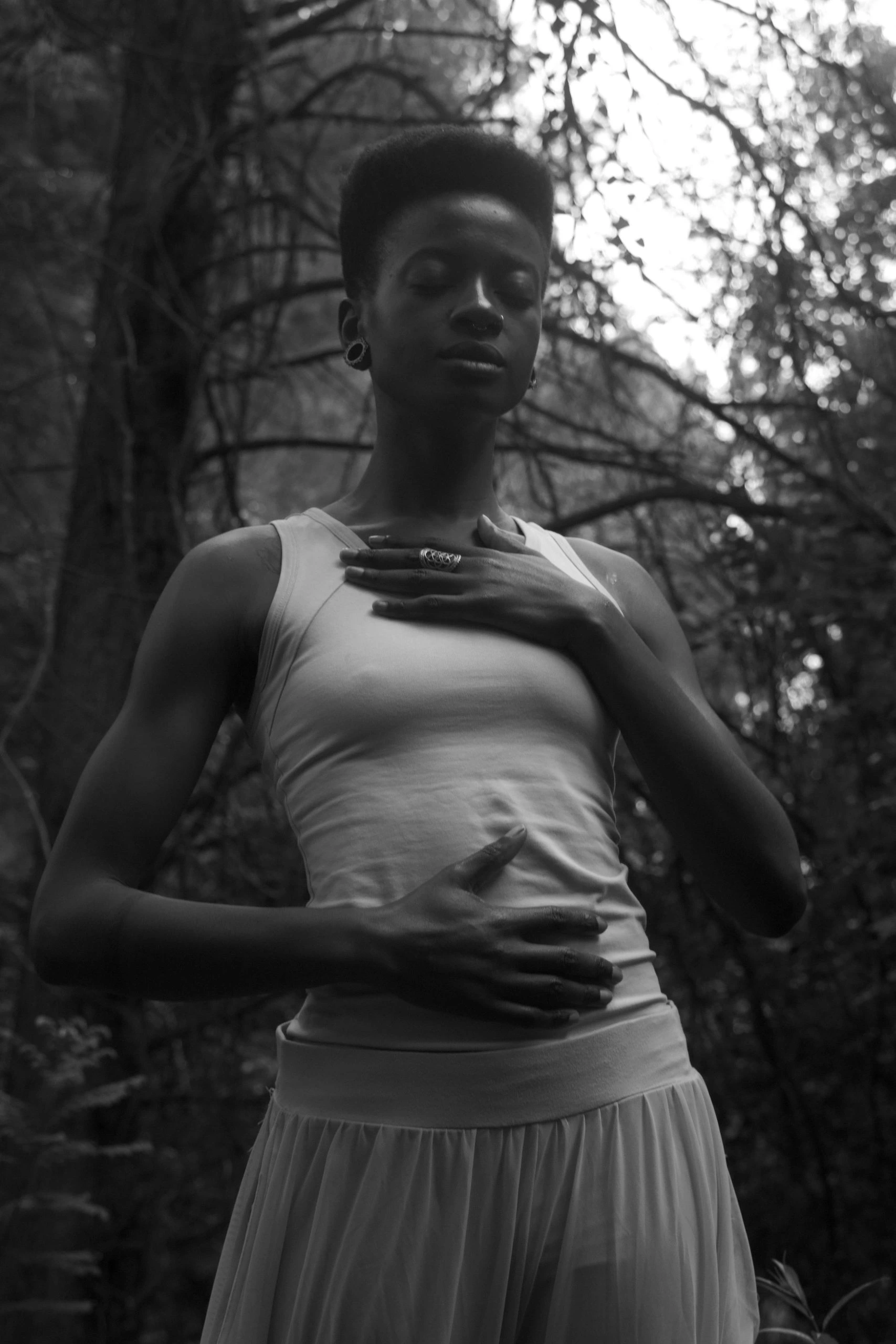 Black-and-white outdoor portrait